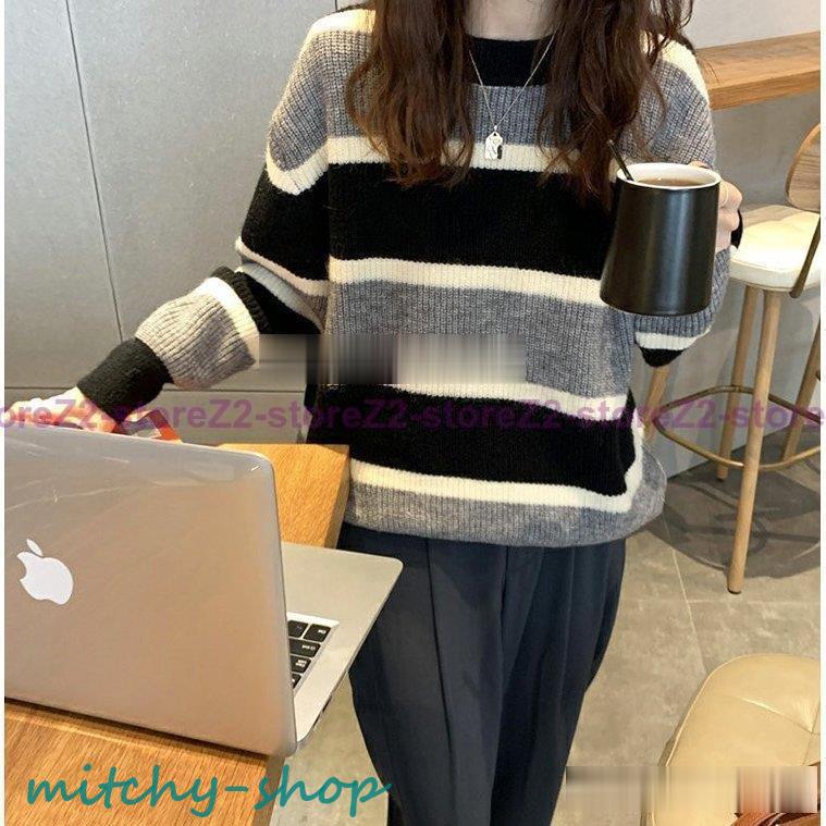 ニットトップス レディース 秋冬 40代 長袖 ニットトップス 30代 ボーダー柄セーター ゆったりプルオーバー 50.代 韓国風 ショット丈ニットソー オシャレ秋服 