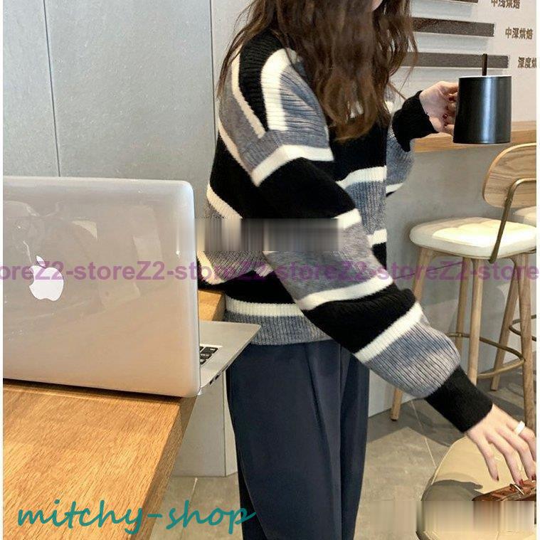 ニットトップス レディース 秋冬 40代 長袖 ニットトップス 30代 ボーダー柄セーター ゆったりプルオーバー 50.代 韓国風 ショット丈ニットソー オシャレ秋服 