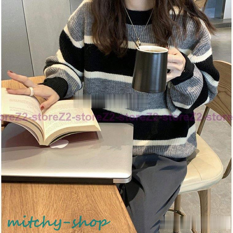 ニットトップス レディース 秋冬 40代 長袖 ニットトップス 30代 ボーダー柄セーター ゆったりプルオーバー 50.代 韓国風 ショット丈ニットソー オシャレ秋服 