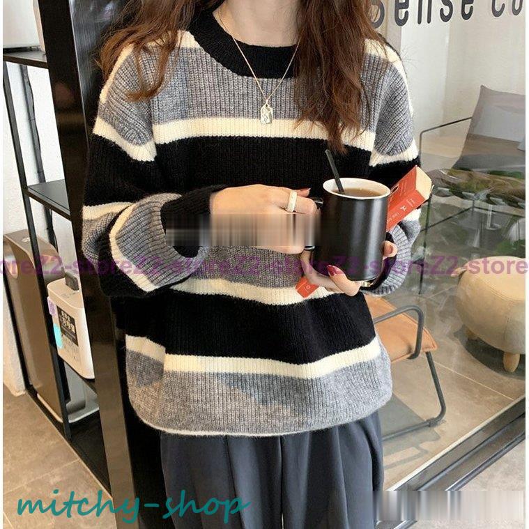 ニットトップス レディース 秋冬 40代 長袖 ニットトップス 30代 ボーダー柄セーター ゆったりプルオーバー 50.代 韓国風 ショット丈ニットソー オシャレ秋服 