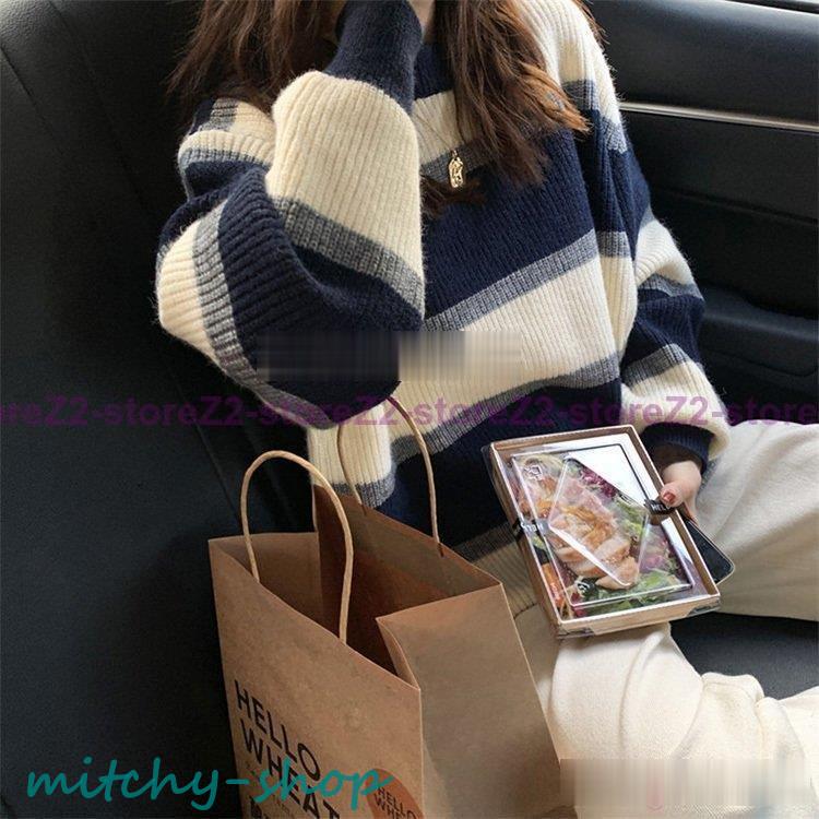 ニットトップス レディース 秋冬 40代 長袖 ニットトップス 30代 ボーダー柄セーター ゆったりプルオーバー 50.代 韓国風 ショット丈ニットソー オシャレ秋服 