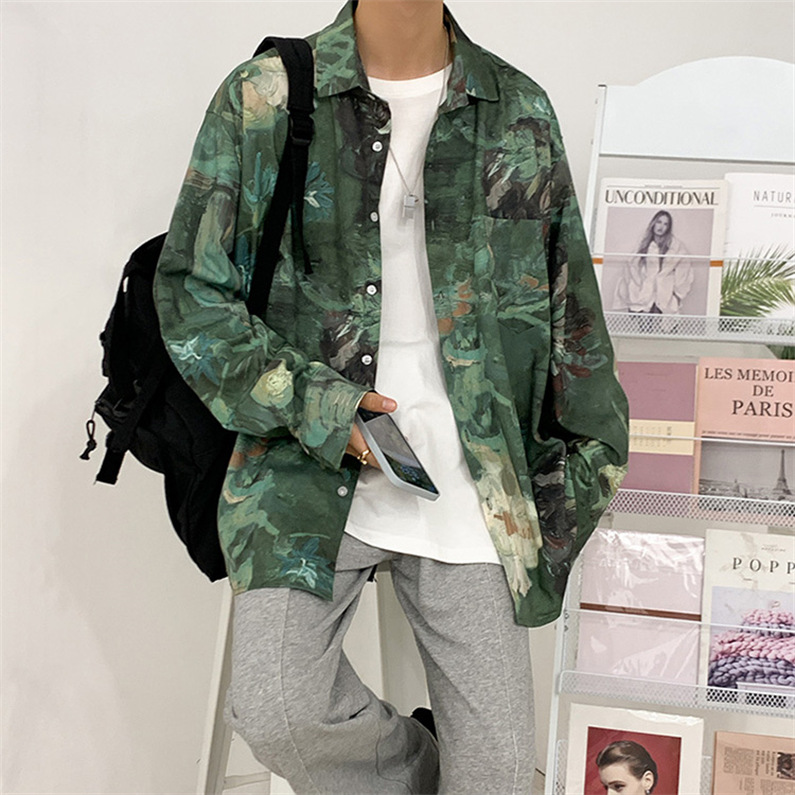 メンズ シャツ カジュアルシャツ 長袖 アロハシャツ ワーク プリント 春秋 上着 発表会 普段着 緑 公演 男子トップス ダンスウェア 柄物 