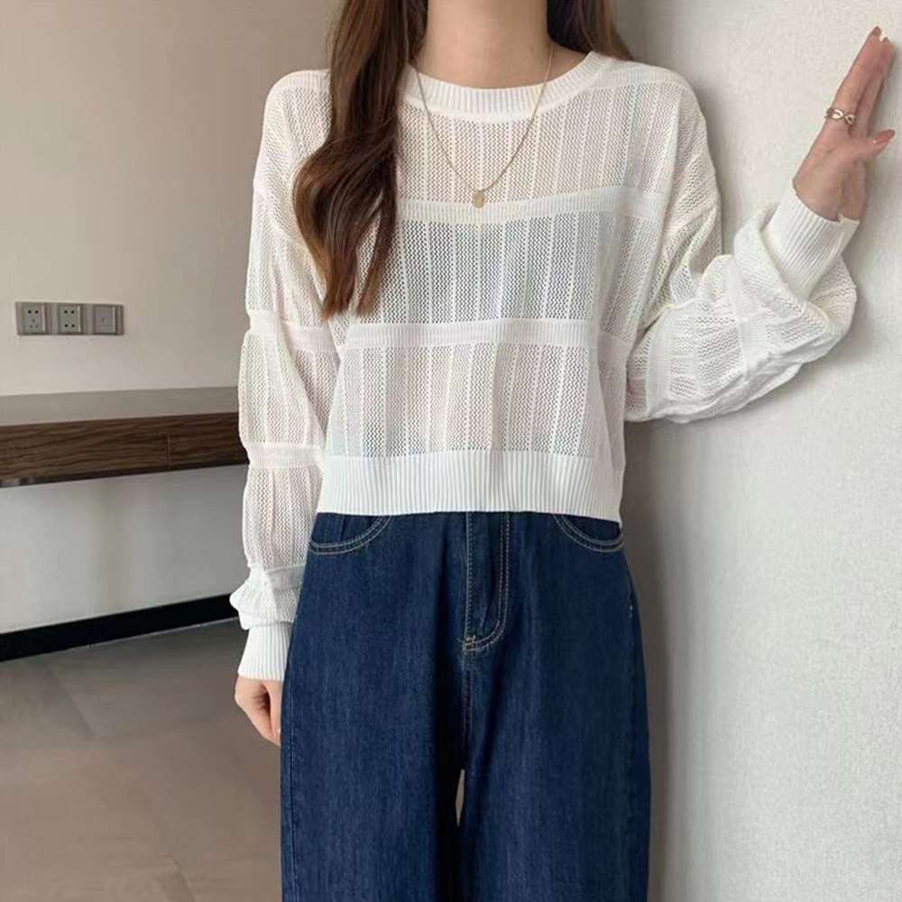 透かし編み 長袖 ニット トップス 韓国風  