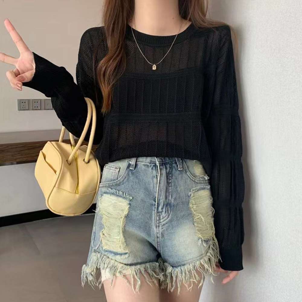 透かし編み 長袖 ニット トップス 韓国風  