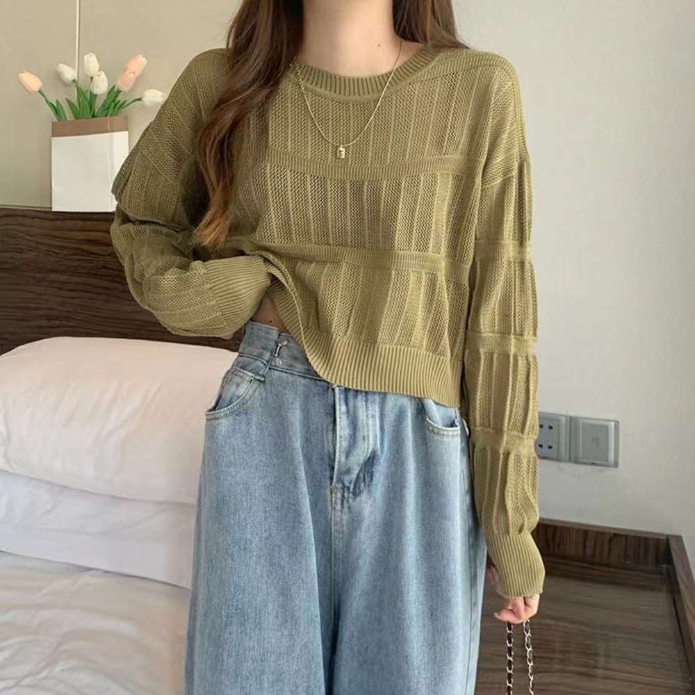 透かし編み 長袖 ニット トップス 韓国風  