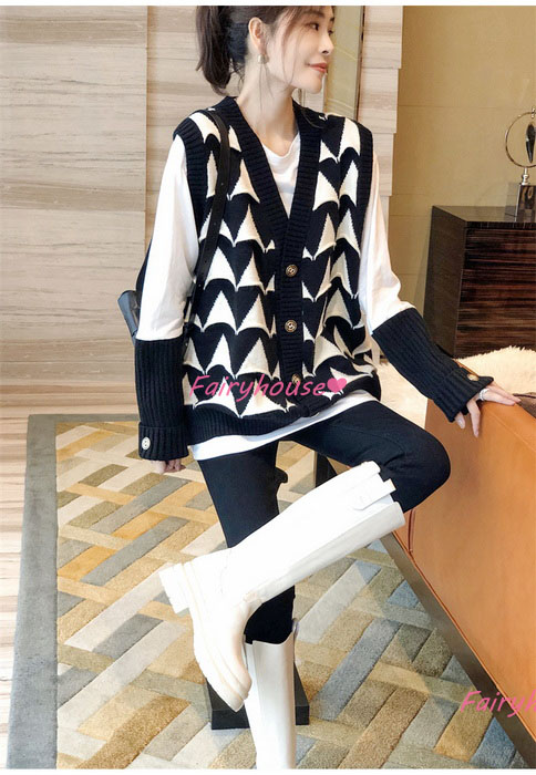ニットベスト レディース 40代 秋冬 ベストセーター ノースリープ ショット丈 カジュアル韓国風着痩せ Vネック 秋服 オシャレ 幾何柄ニットベストカーディガン 