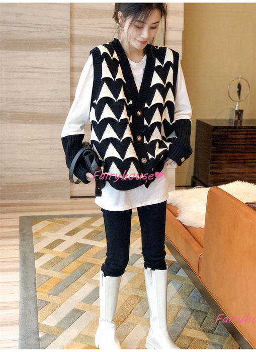 ニットベスト レディース 40代 秋冬 ベストセーター ノースリープ ショット丈 カジュアル韓国風着痩せ Vネック 秋服 オシャレ 幾何柄ニットベストカーディガン 