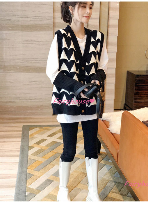 ニットベスト レディース 40代 秋冬 ベストセーター ノースリープ ショット丈 カジュアル韓国風着痩せ Vネック 秋服 オシャレ 幾何柄ニットベストカーディガン 