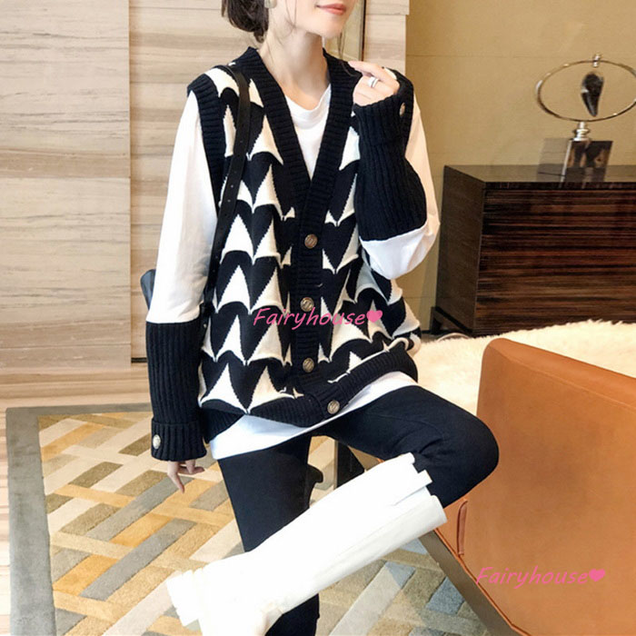 ニットベスト レディース 40代 秋冬 ベストセーター ノースリープ ショット丈 カジュアル韓国風着痩せ Vネック 秋服 オシャレ 幾何柄ニットベストカーディガン 