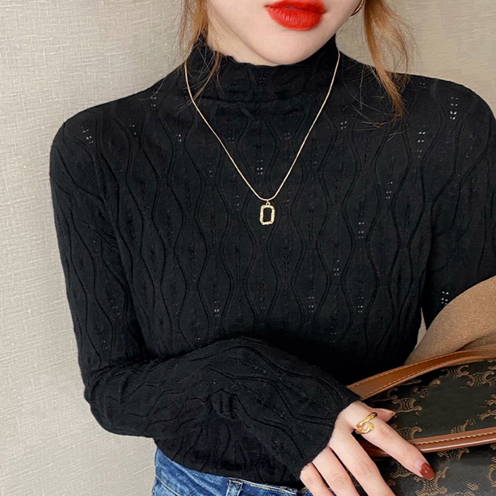 ニットトップス 秋冬プチハイネック 長袖 。可  