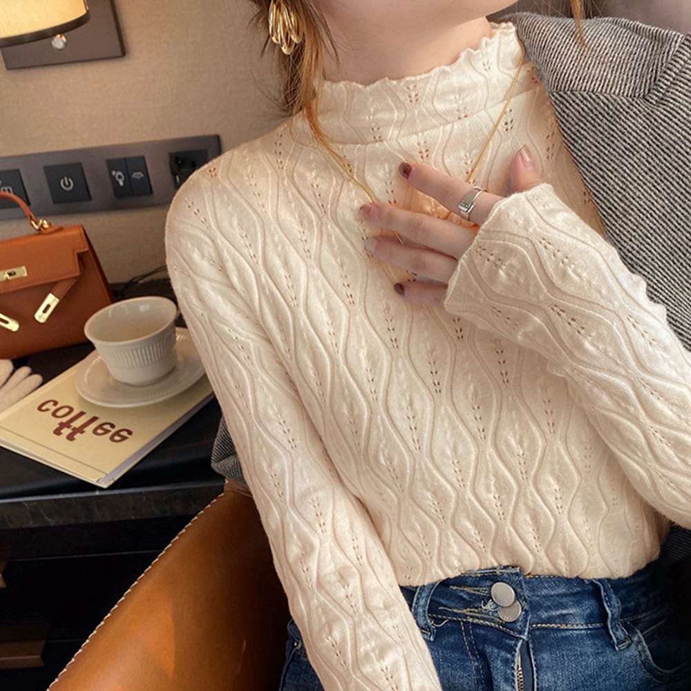 ニットトップス 秋冬プチハイネック 長袖 。可  