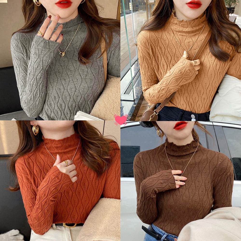 ニットトップス 秋冬プチハイネック 長袖 。可  