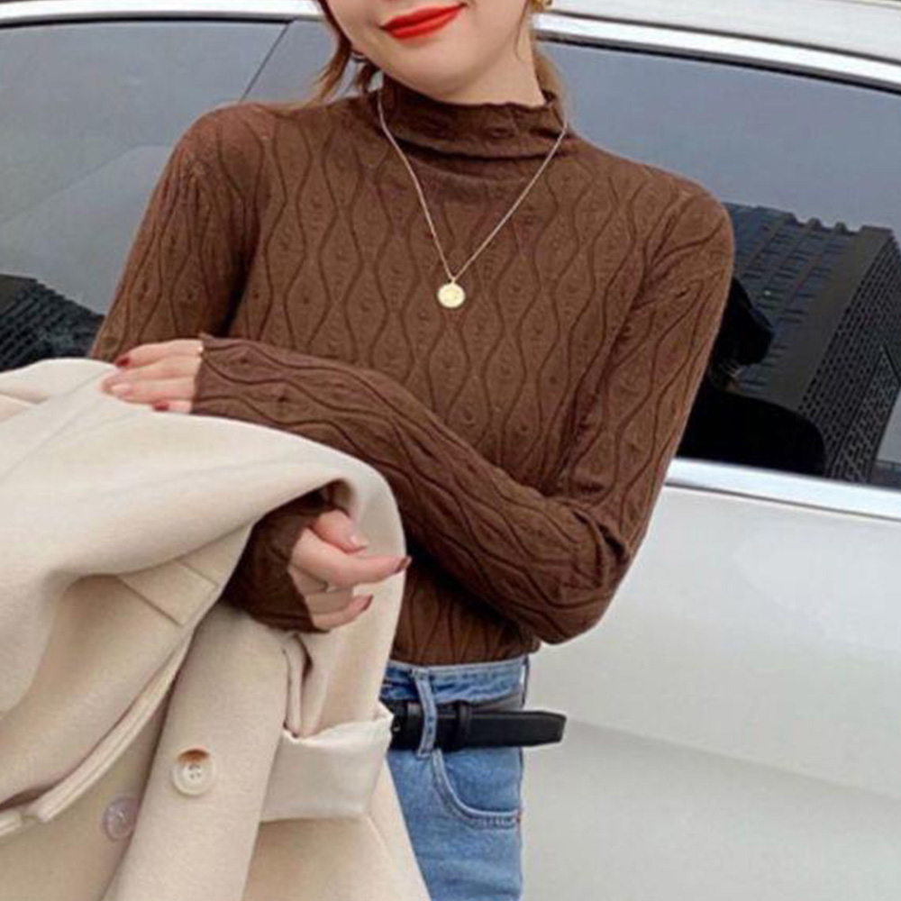 ニットトップス 秋冬プチハイネック 長袖 。可  