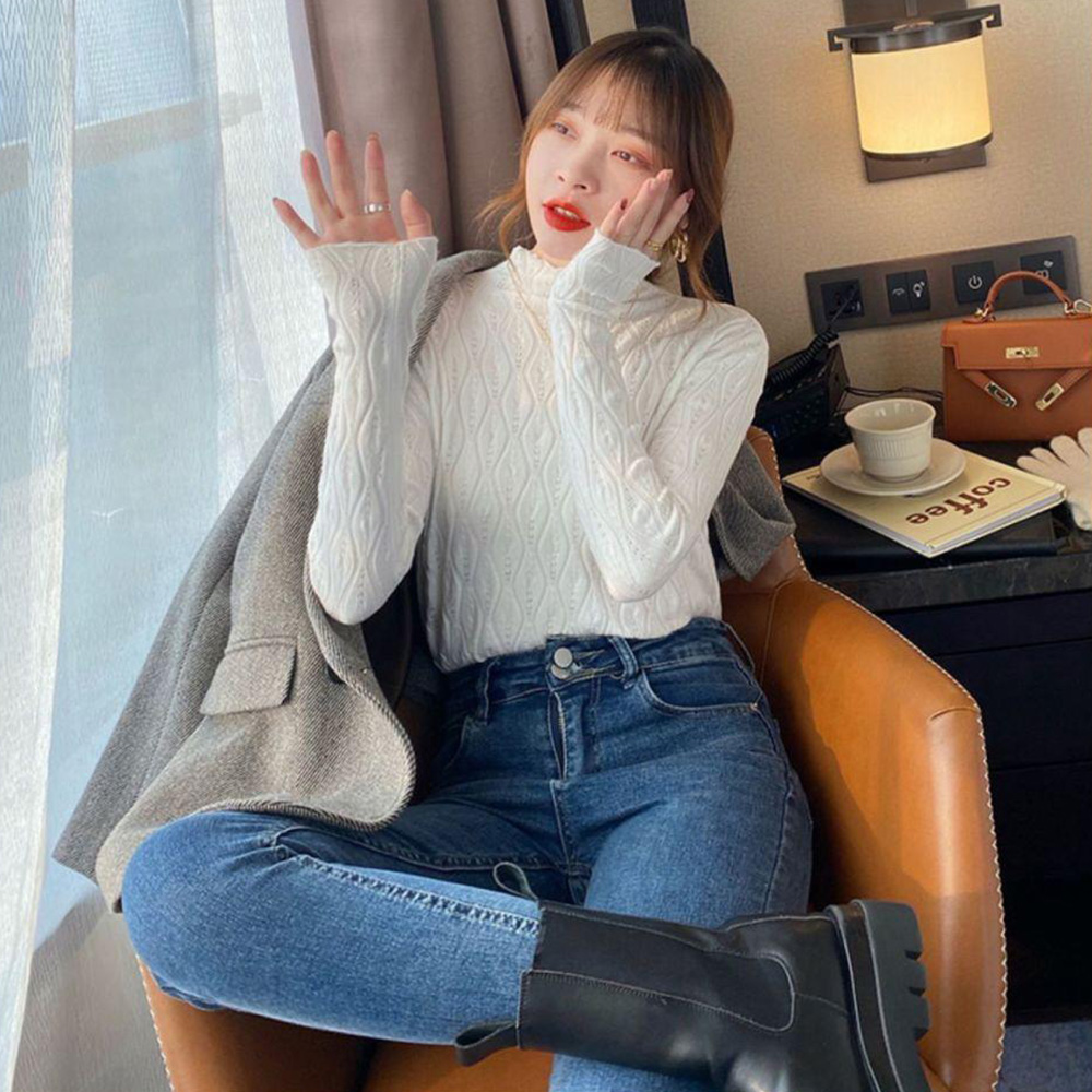 ニットトップス 秋冬プチハイネック 長袖 。可  