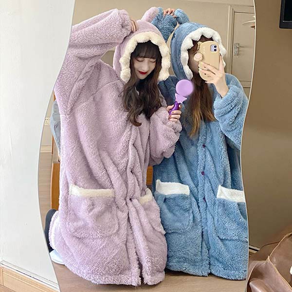 もこもこパジャマ ナイトガウン レディース サメ柄 冬 かわいい 前開き プレゼント 長袖 寝間着 ルームウェア 部屋着 結婚祝い フード付き 