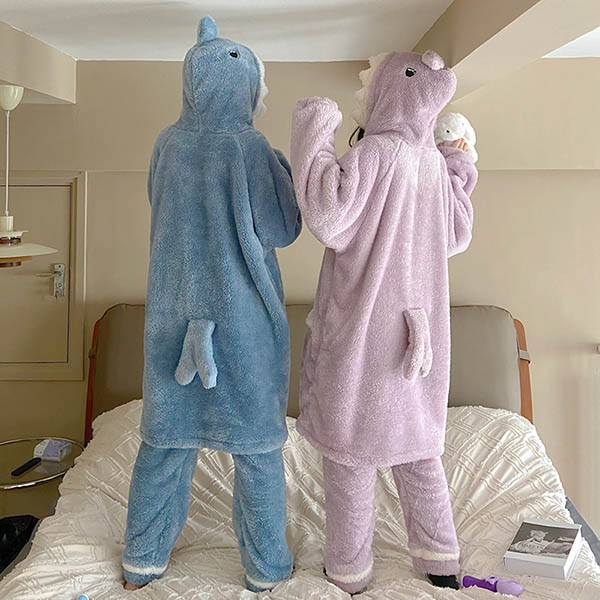 もこもこパジャマ ナイトガウン レディース サメ柄 冬 かわいい 前開き プレゼント 長袖 寝間着 ルームウェア 部屋着 結婚祝い フード付き 