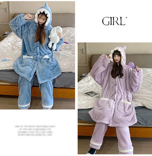 もこもこパジャマ ナイトガウン レディース サメ柄 冬 かわいい 前開き プレゼント 長袖 寝間着 ルームウェア 部屋着 結婚祝い フード付き 