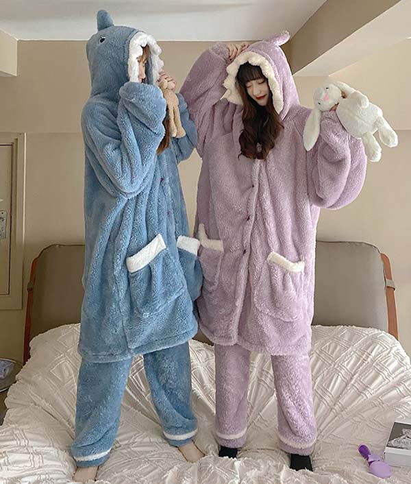 もこもこパジャマ ナイトガウン レディース サメ柄 冬 かわいい 前開き プレゼント 長袖 寝間着 ルームウェア 部屋着 結婚祝い フード付き 