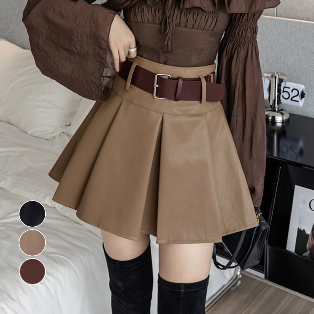 プリーツレザースカート ベルト付き 秋冬 。可  