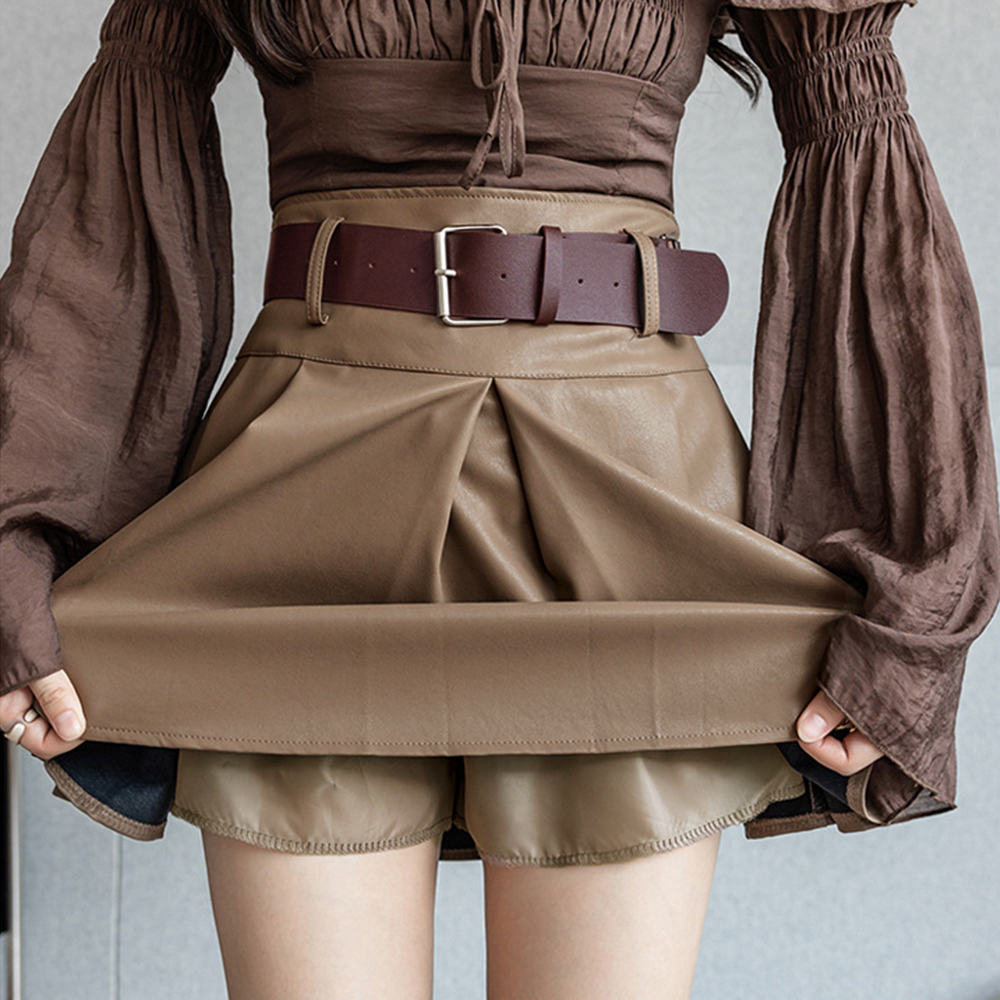 プリーツレザースカート ベルト付き 秋冬 。可  
