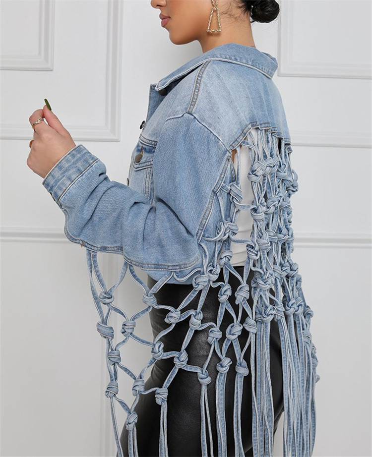 フリンジ 背中あき デニム ジャケット ジージャン 韓国 Y2K レディース 原宿系 ストリート ダンス衣装 HIPHOP 