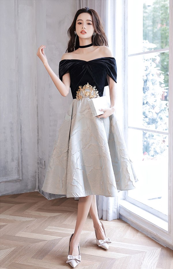 パーティードレス ミモレ丈 オフショルダー リボン 編み上げタイプ 切り替え リーフ柄 フランス風 