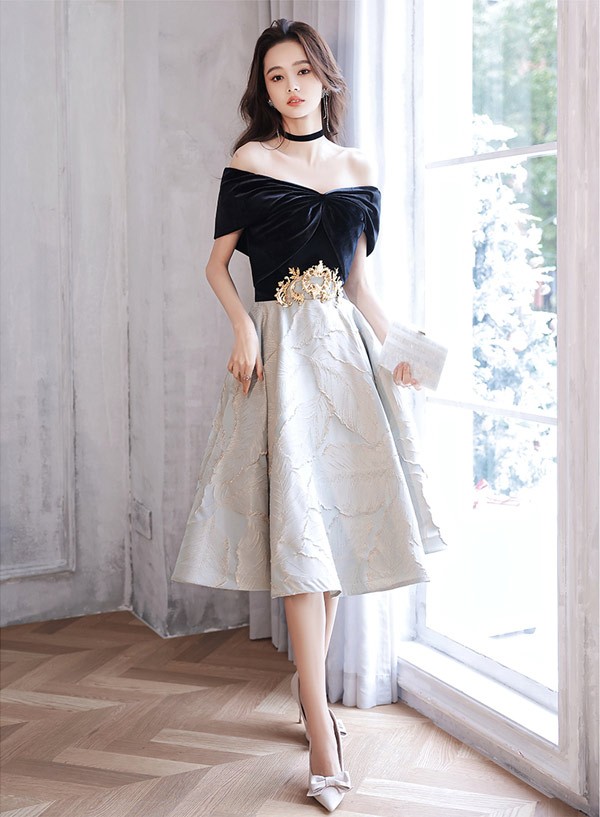 パーティードレス ミモレ丈 オフショルダー リボン 編み上げタイプ 切り替え リーフ柄 フランス風 