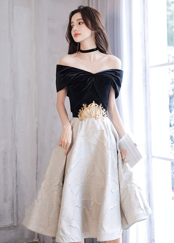 パーティードレス ミモレ丈 オフショルダー リボン 編み上げタイプ 切り替え リーフ柄 フランス風 