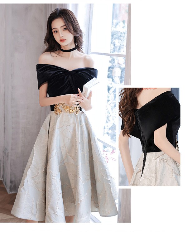 パーティードレス ミモレ丈 オフショルダー リボン 編み上げタイプ 切り替え リーフ柄 フランス風 