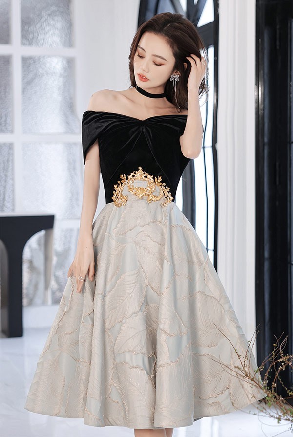 パーティードレス ミモレ丈 オフショルダー リボン 編み上げタイプ 切り替え リーフ柄 フランス風 