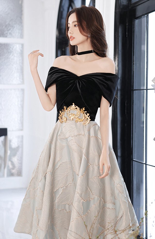 パーティードレス ミモレ丈 オフショルダー リボン 編み上げタイプ 切り替え リーフ柄 フランス風 