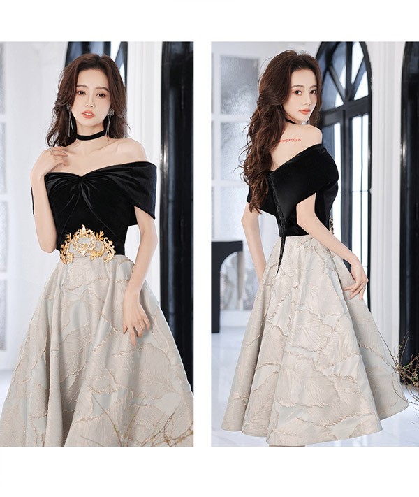 パーティードレス ミモレ丈 オフショルダー リボン 編み上げタイプ 切り替え リーフ柄 フランス風 