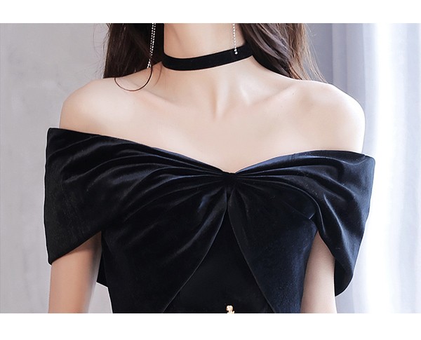 パーティードレス ミモレ丈 オフショルダー リボン 編み上げタイプ 切り替え リーフ柄 フランス風 