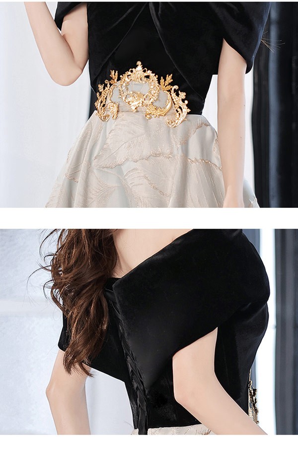 パーティードレス ミモレ丈 オフショルダー リボン 編み上げタイプ 切り替え リーフ柄 フランス風 