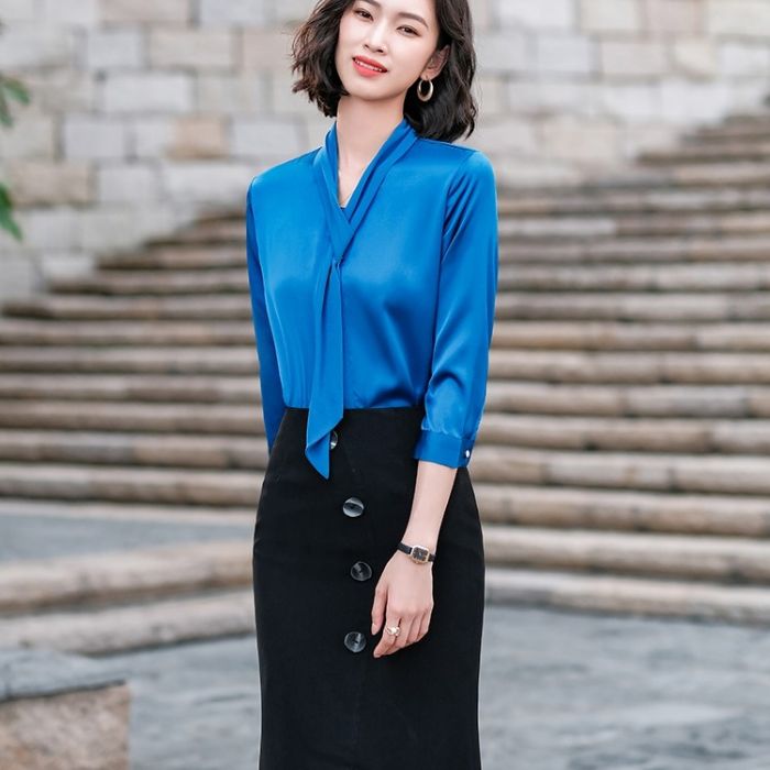 レディース シャツ 爽やかな色合い 3色選び トップス Vネック カジュアル風 オシャレ きれいめ ブラウス 着痩 春夏 