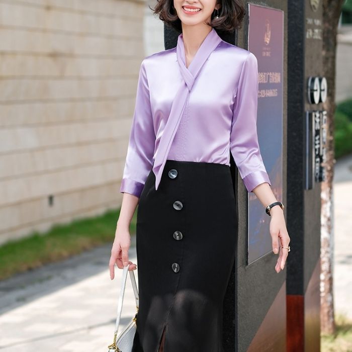 レディース シャツ 爽やかな色合い 3色選び トップス Vネック カジュアル風 オシャレ きれいめ ブラウス 着痩 春夏 