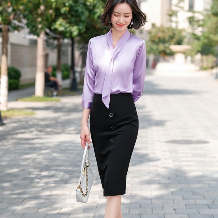 レディース シャツ 爽やかな色合い 3色選び トップス Vネック カジュアル風 オシャレ きれいめ ブラウス 着痩 春夏 