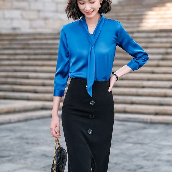 レディース シャツ 爽やかな色合い 3色選び トップス Vネック カジュアル風 オシャレ きれいめ ブラウス 着痩 春夏 