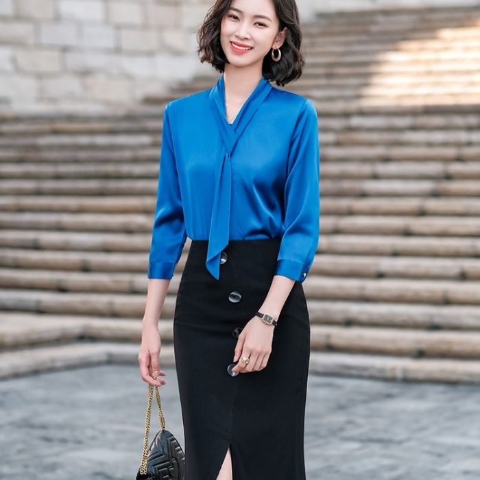 レディース シャツ 爽やかな色合い 3色選び トップス Vネック カジュアル風 オシャレ きれいめ ブラウス 着痩 春夏 