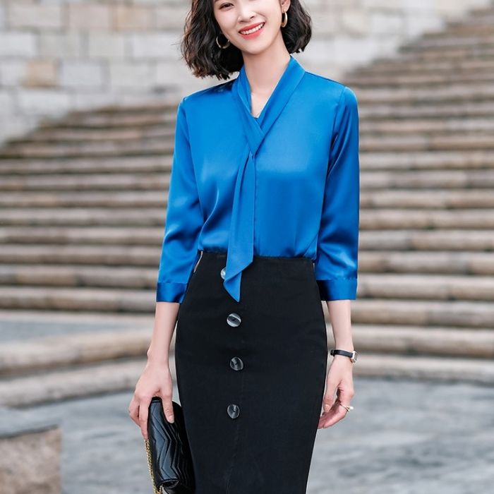 レディース シャツ 爽やかな色合い 3色選び トップス Vネック カジュアル風 オシャレ きれいめ ブラウス 着痩 春夏 