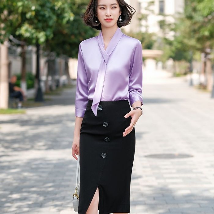 レディース シャツ 爽やかな色合い 3色選び トップス Vネック カジュアル風 オシャレ きれいめ ブラウス 着痩 春夏 