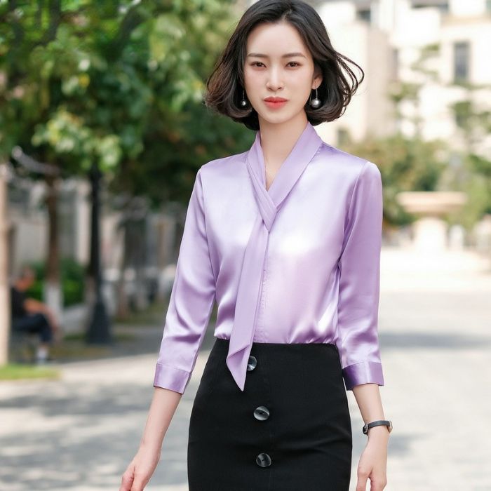 レディース シャツ 爽やかな色合い 3色選び トップス Vネック カジュアル風 オシャレ きれいめ ブラウス 着痩 春夏 