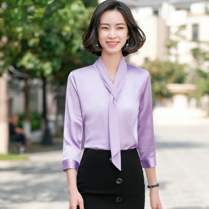 レディース シャツ 爽やかな色合い 3色選び トップス Vネック カジュアル風 オシャレ きれいめ ブラウス 着痩 春夏 