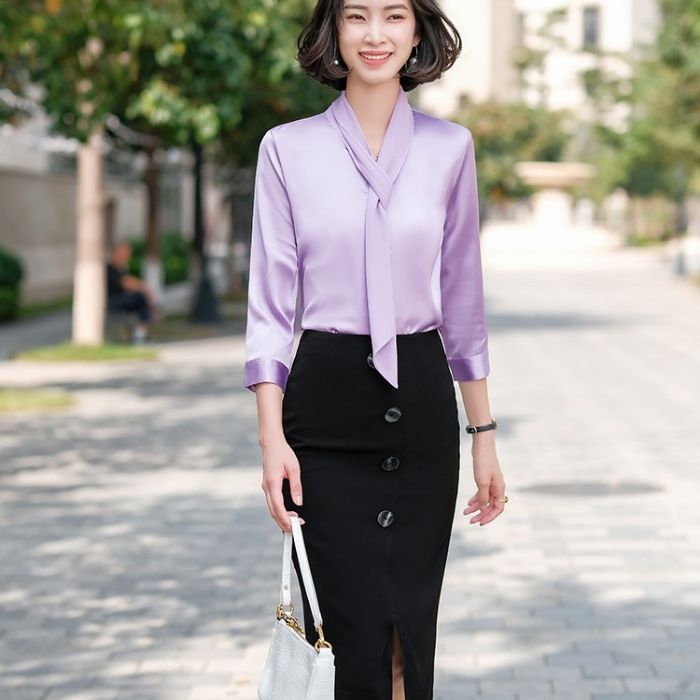 レディース シャツ 爽やかな色合い 3色選び トップス Vネック カジュアル風 オシャレ きれいめ ブラウス 着痩 春夏 