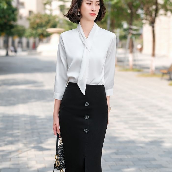 レディース シャツ 爽やかな色合い 3色選び トップス Vネック カジュアル風 オシャレ きれいめ ブラウス 着痩 春夏 