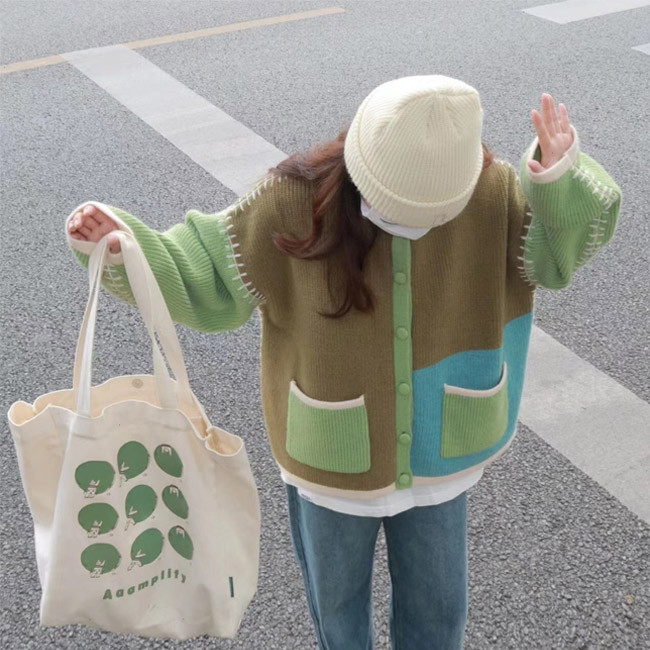 送料無料 ニットカーディガン レディース ニット カーデ 厚手 ゆったり ショート アウター オーバーサイズ ボタンカーディガン カーディガン 色切り替え 春秋 