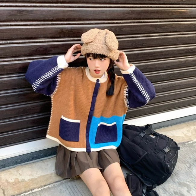 送料無料 ニットカーディガン レディース ニット カーデ 厚手 ゆったり ショート アウター オーバーサイズ ボタンカーディガン カーディガン 色切り替え 春秋 