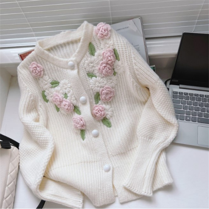 ニットセーターレディース きれいめ 長袖 ニットソー 大人 カジュアル フラワー 可愛い 花 着やせ ニットリブニットトップス おしゃれ セーター 