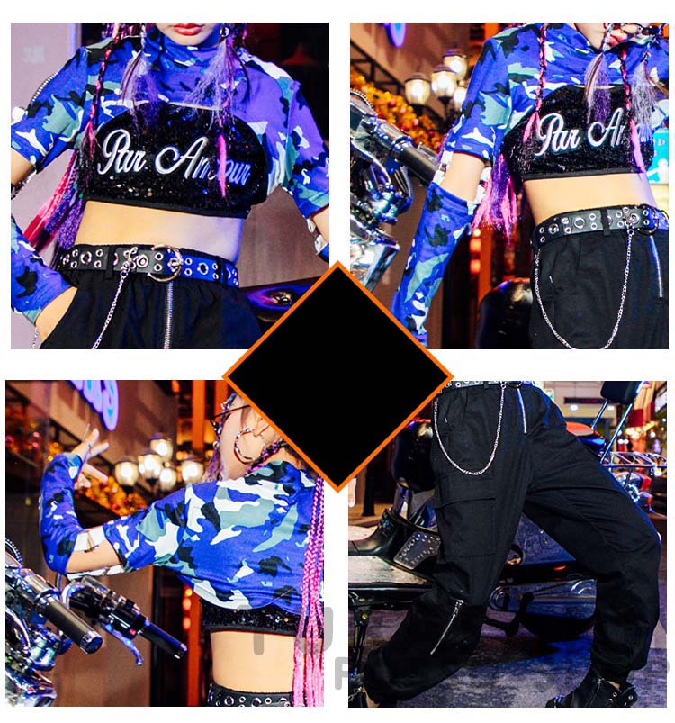 ダンス衣装 キッズ 女の子 迷彩 黒 紫 韓国 HIPHOP へそ出し 演習 ステージ衣装 ジャズダンス衣装 ヒップホップ セット 