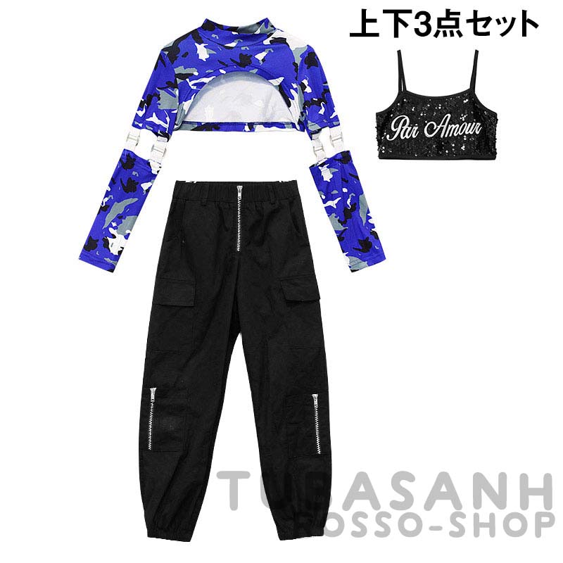 ダンス衣装 キッズ 女の子 迷彩 黒 紫 韓国 HIPHOP へそ出し 演習 ステージ衣装 ジャズダンス衣装 ヒップホップ セット 